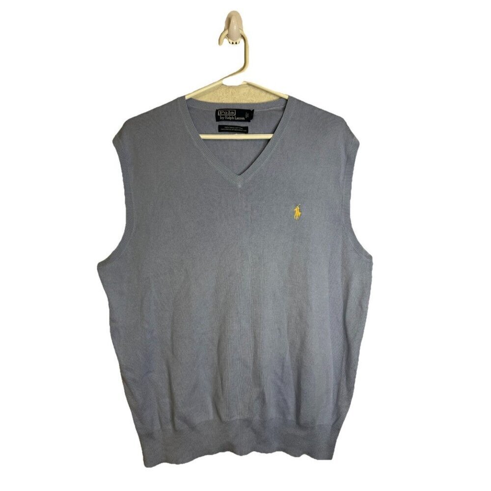 POLO RALPH LAUREN Blue VNeck Sweater Vest Pima Cotton Tennis Golf Academia LARGE